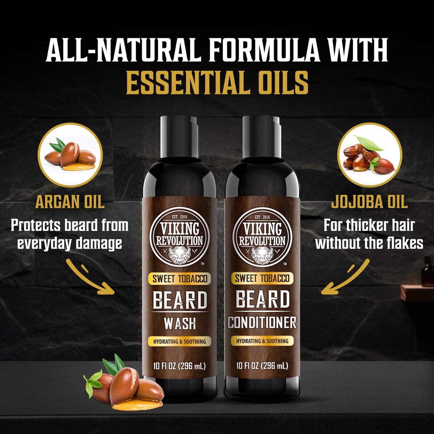 Viking Revolution Beard Wash & Conditioner for Men | Argan & Jojoba Oil Beard Softener (10oz, Sweet Tobacco)
