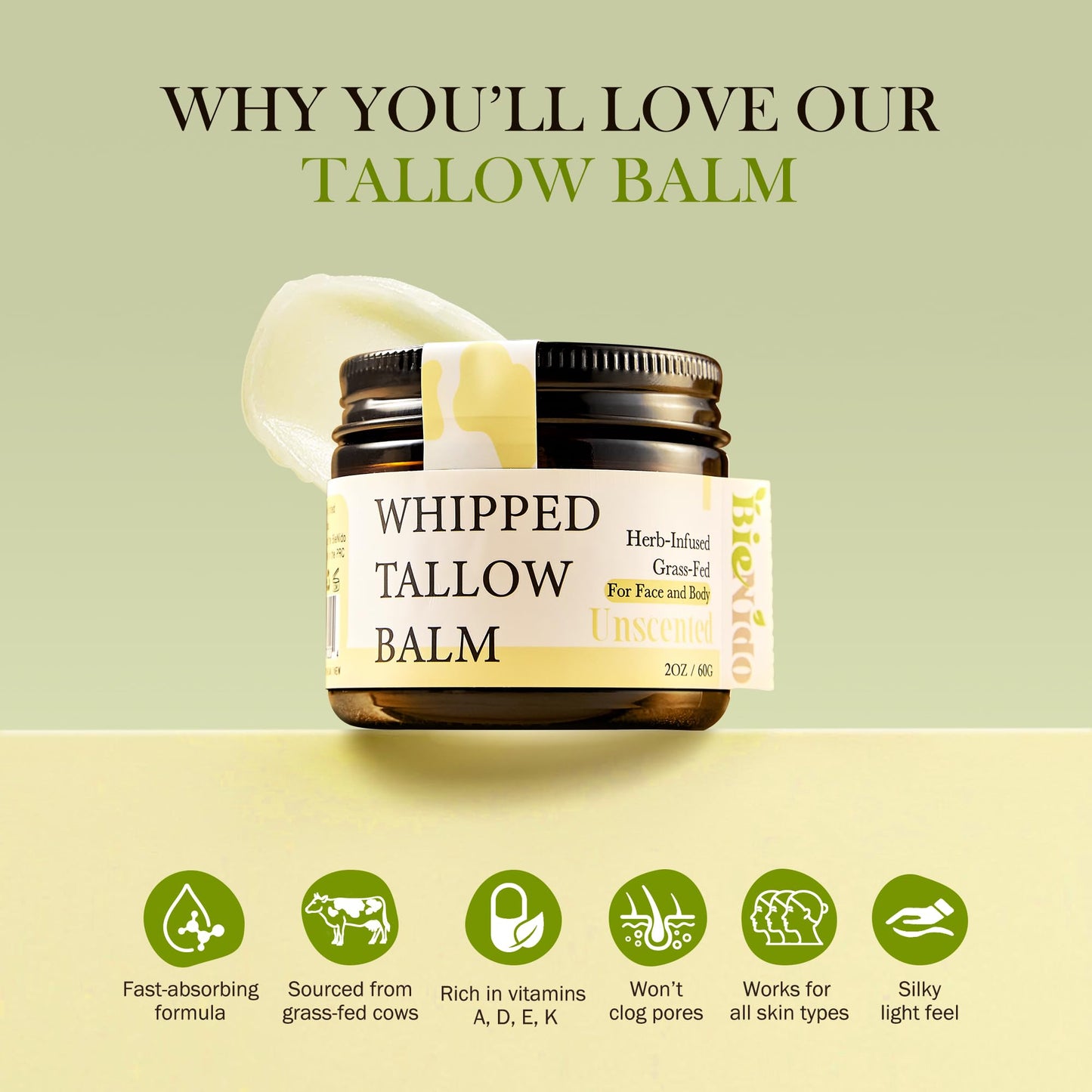 BieNido Organic Beef Tallow for Face, Grass Fed Tallow and Honey Balm with Raw Honey and Jojoba Oil for Sensitive and Dry Skin (2 Oz (Pack of 2), Unscented)
