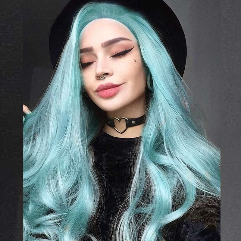 AFBeauty Blue Wigs for Women Light Long Wavy Neon Blue Lace Front Wig Pre Plucked Hairline Free Part Colorful Pastel Baby Blue Glueless Real Hair Wig Synthetic Heat Resistant Daily Holiday 24 Inch