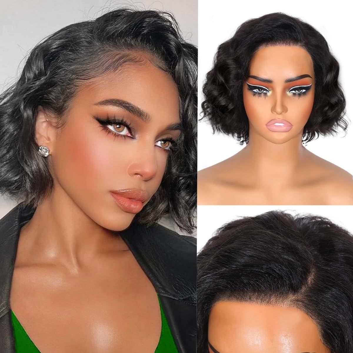 BEEKERKER Human Hair Short Wigs Glueless Wigs with Bangs Short Bouncy Curly Bob Wig With Bang 6 Inch 180% Density Glueless Full Machine Made