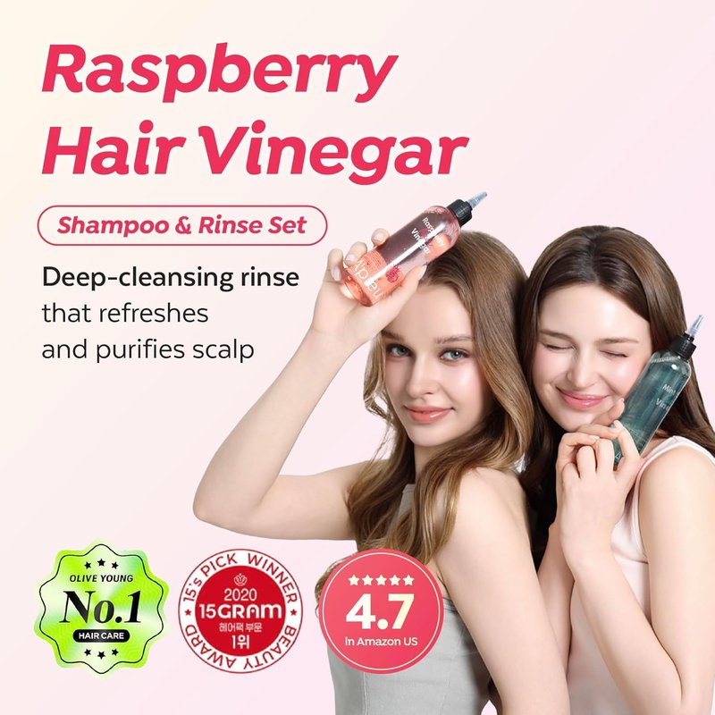 A’PIEU Raspberry Hair Vinegar Shampoo & Rinse Set - Scalp Clarifying, Dandruff Removal | Smooth & Shiny Hair (6.76 fl oz | 16.9 fl oz)