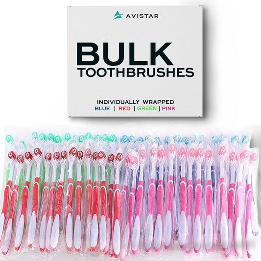 Avistar Bulk Toothbrushes Pack - 100 Individually Wrapped Toothbrushes Bulk for Travel, Hotels, Relief Missions, and Donations - Bulk Disposable Toothbrush Pack Adults and Kids