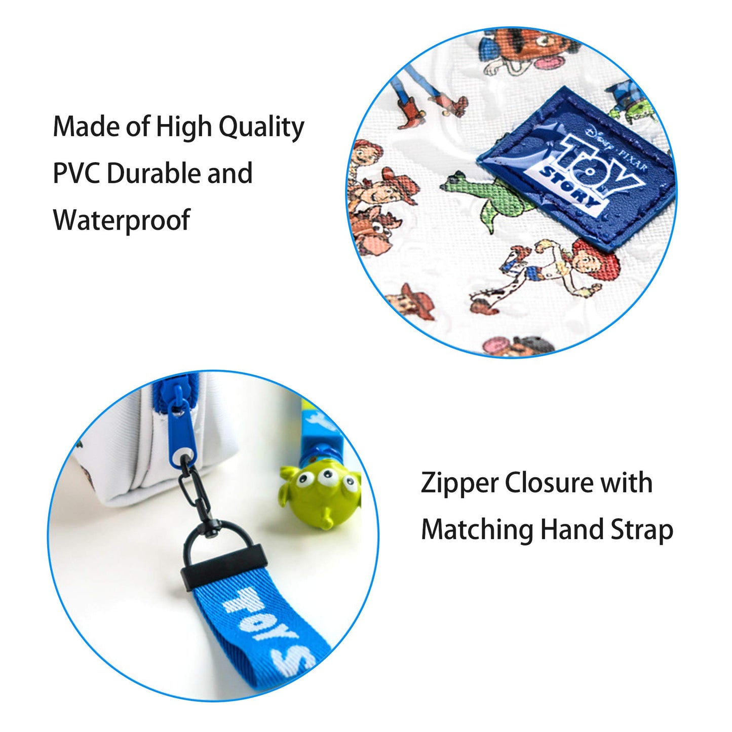 Finex Cartoon Story PVC Waterproof Makeup Organizer Bag Zipper Closure with Top Handle and Removable Matching Hand Strap Oval Base Case