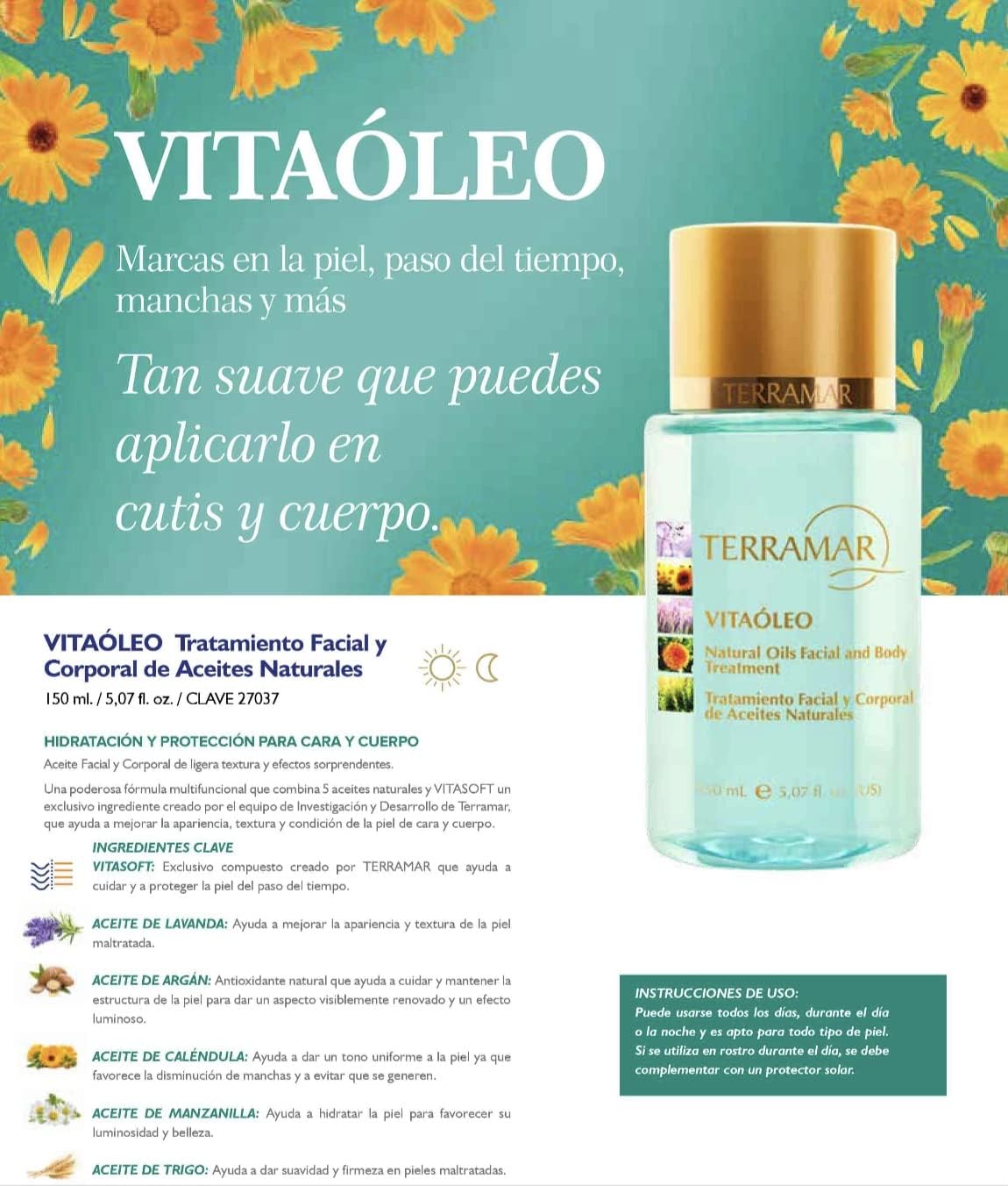 Terramar Vitaoleo Tratamiento Facial y Corporal de Aceites Naturales, Tan Suave que Puedes Aplicar en Cutis y Cuerpo. Marcas en la piel, paso del tiempo, manchas y màs