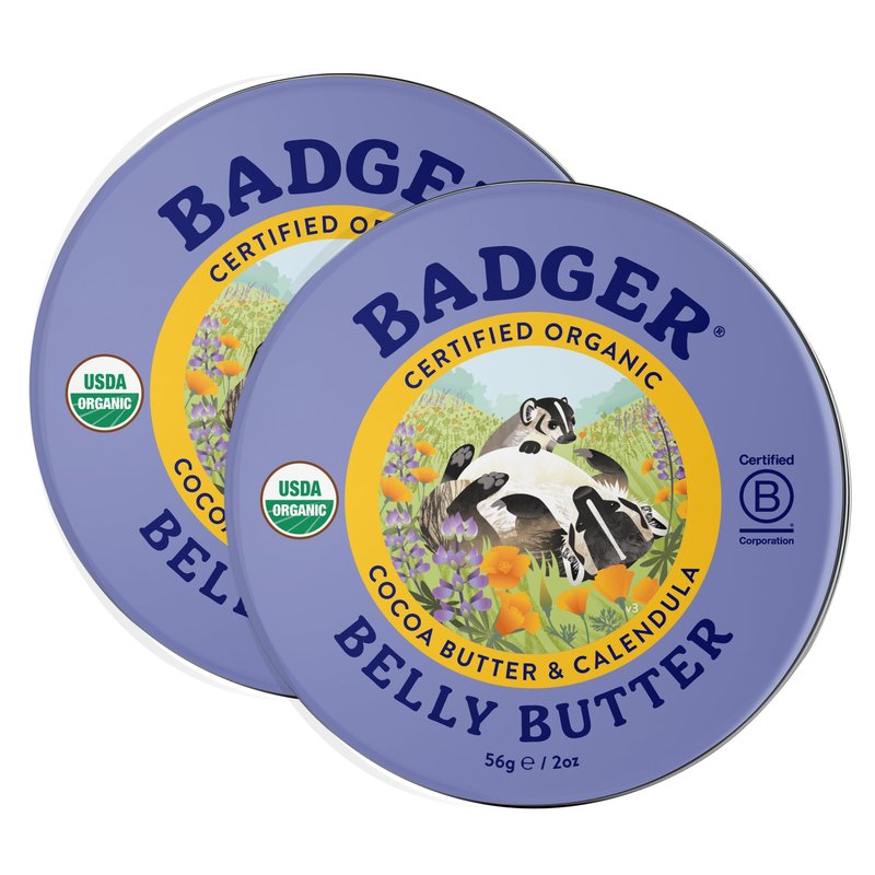 Badger Belly Butter, Organic Stretch Mark Cream for Pregnant Belly, Rich Hypoallergenic Moisturizing Organic Cocoa Butter & Coconut Body Butter for Women, 2 oz Tin, 2-Pack