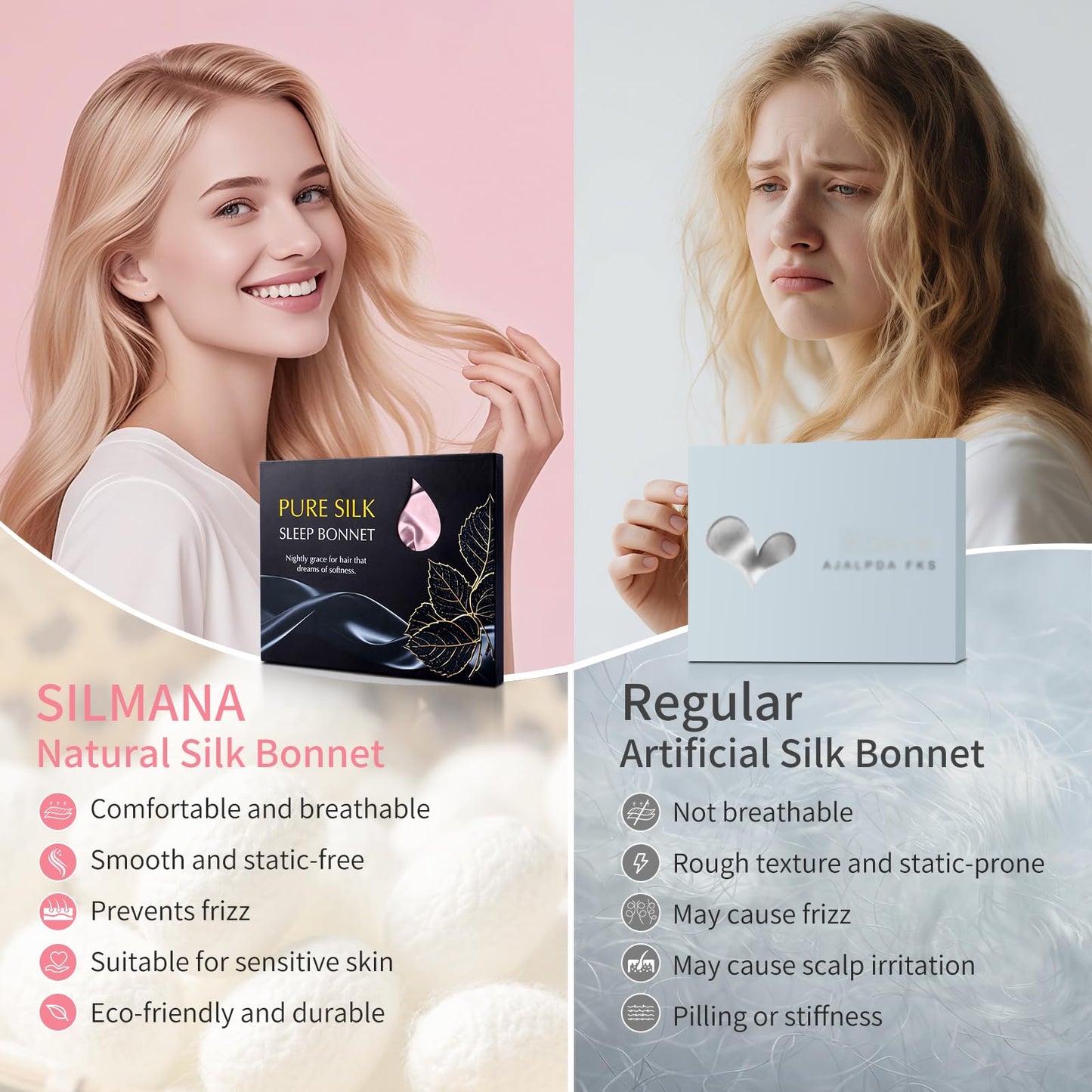 Silk Bonnet for Sleeping Women, 22 Momme 100% Mulberry Silk Sleep Cap with 2 Matching Silk Scrunchies, Double-Sided Wearable Hair Bonnet for Night Hair Care and All Hair Types - Lotus-root Pink
