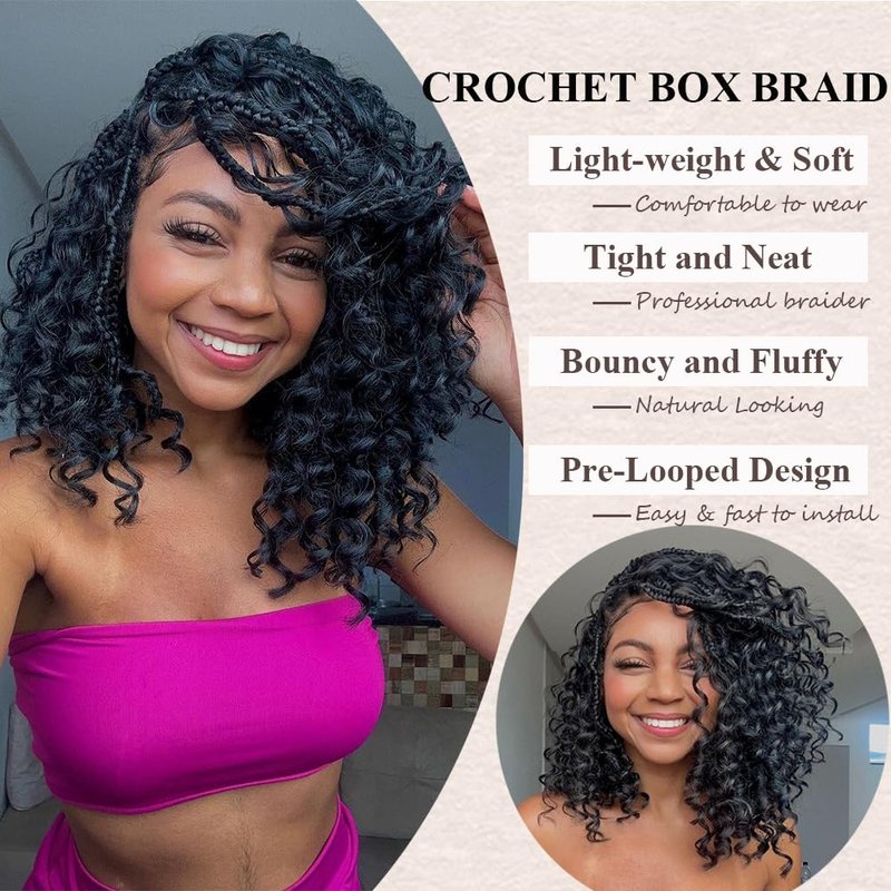 Goddess Box Braids Crochet Hair 10 Inch Bohemian Box Braids Crochet Hair with Curly Ends Boho 3X Synthetic Crochet Braiding Hair for Women (8 pack, 1b/gray#)