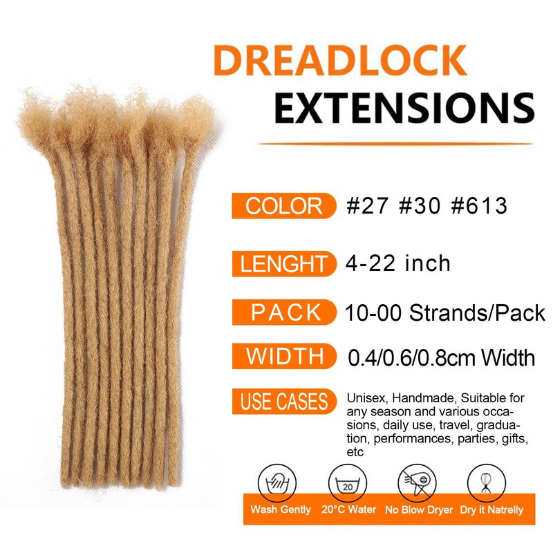 Dreadlock Extensions Human Hair 0.6cm Width 8 Inch 20 Strands, 100% Human Hair Loc Extensions, Full Handmade Locs Extensions for Men/Women, Can be Dyed Soft Dreads, #27 Blond
