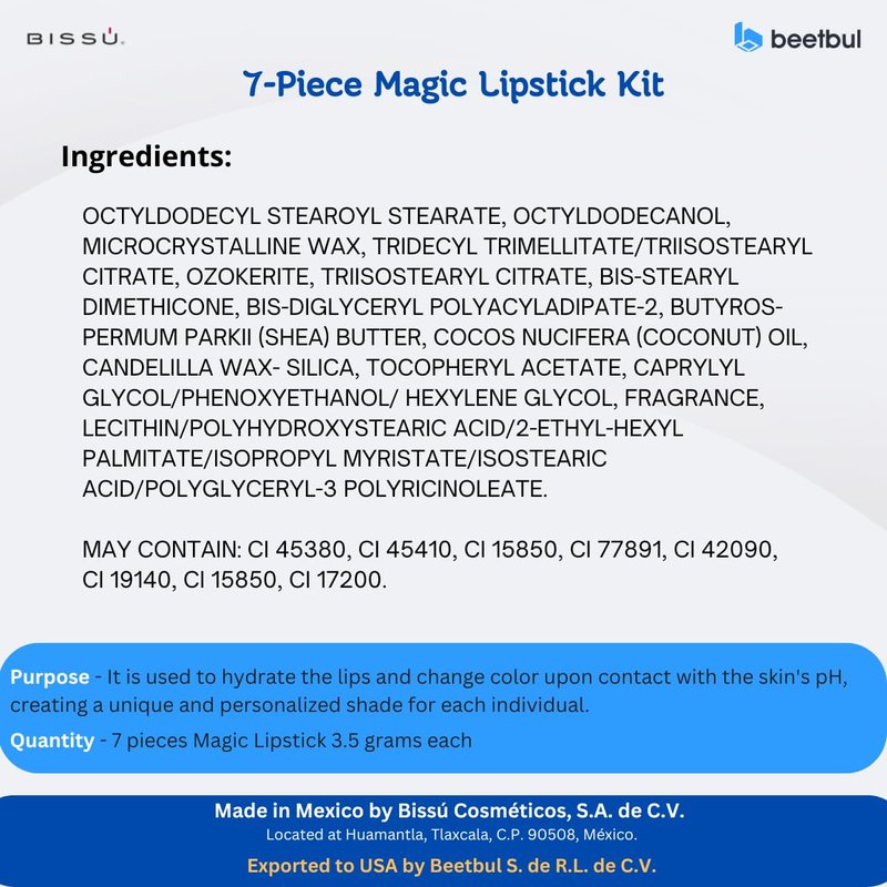 Bissú 7-Piece Magic Lipstick Kit - Shea Butter & Coconut Oil | Buildable Color, Natural Ingredients, Cranberry