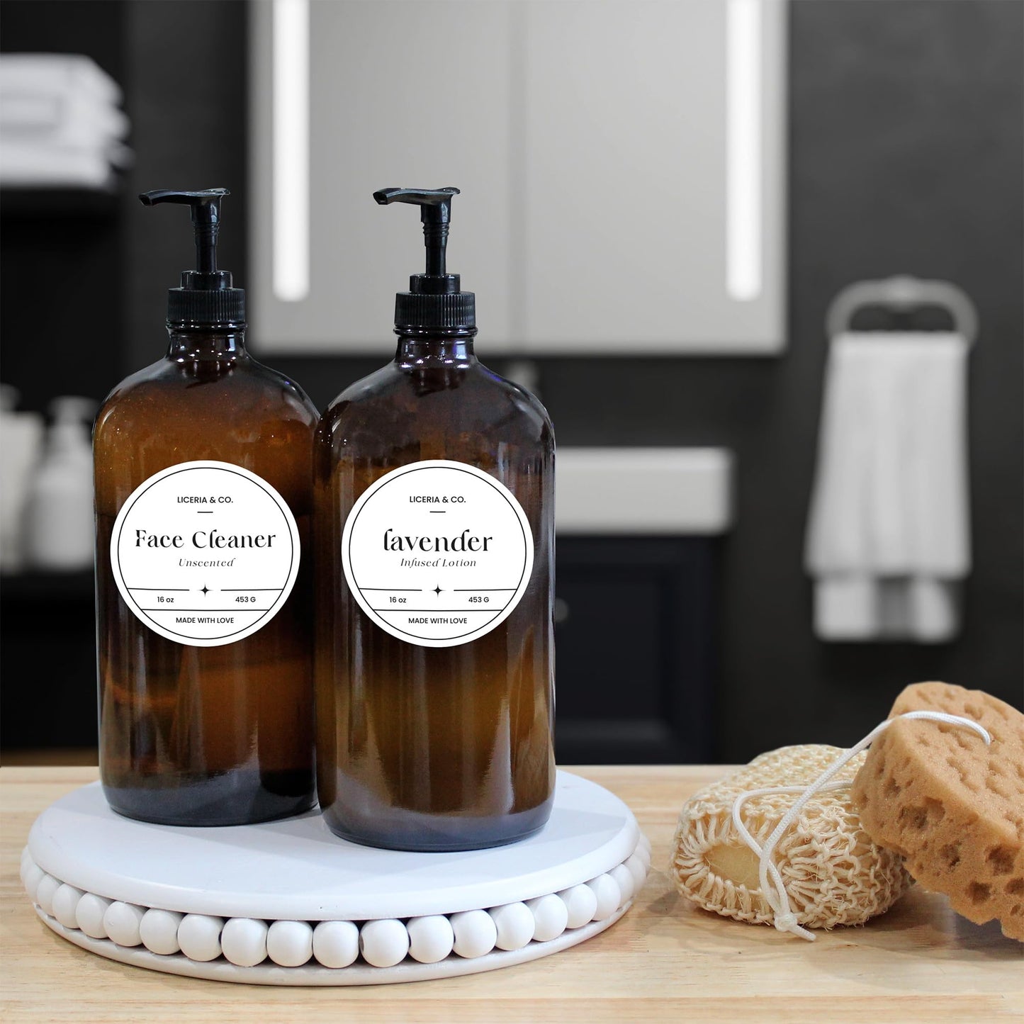 Cornucopia Brands 32-Ounce Amber Glass Lotion Pump Bottles (2-Pack); Quart Size Brown Bottles w/Black Plastic Locking Pump Dispensers; Includes Chalk Labels