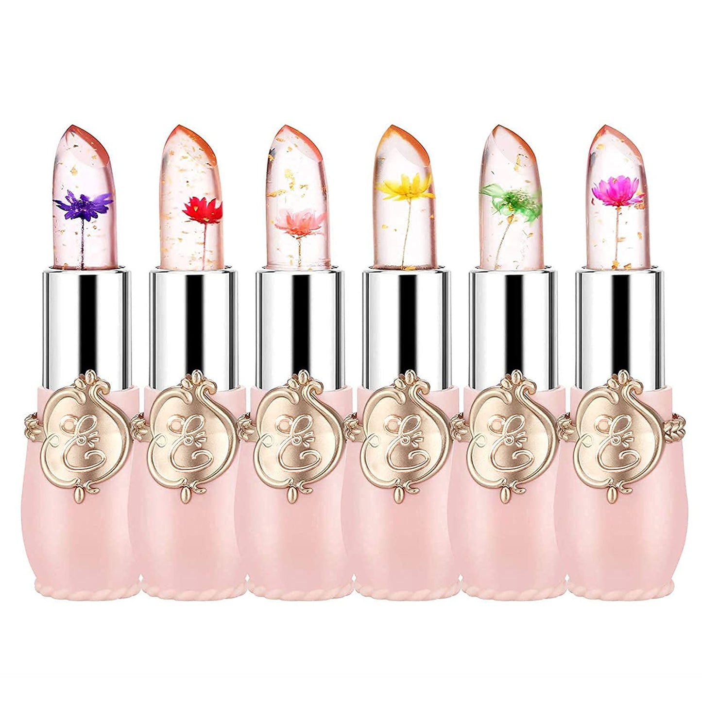 Pack of 6 Crystal Flower Jelly Lipstick, Long Lasting Nutritious Lip Balm Lips Moisturizer Magic Temperature Color Change Lip Gloss, Birthday Day Gifts, Bridesmaid Gifts, Bulk Gifts for Women(Pink)