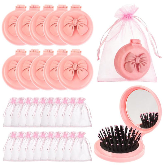 XEQWZVFR 20Sets Pink Bow Party Favors Pink Coquette Bow Mini Hair Brushes Folding Mirror Coquette Detangler Brush Round Compact Massage Scalp Comb with Organza Bags for Women Travel Team Gifts