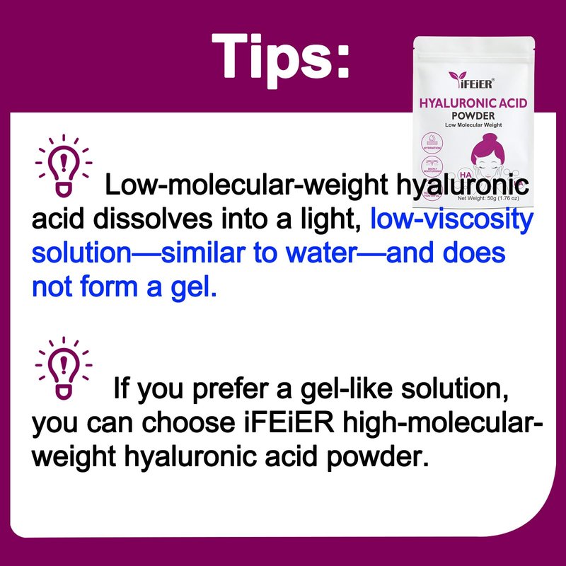 iFEiER Hyaluronic Acid Powder | Low Molecular Weight Hyaluronic Acid Powder | 50g(1.76oz) Cosmetics Grade | Sodium Hyaluronate HA | LMW HMW HA ingredient for DIY Serums