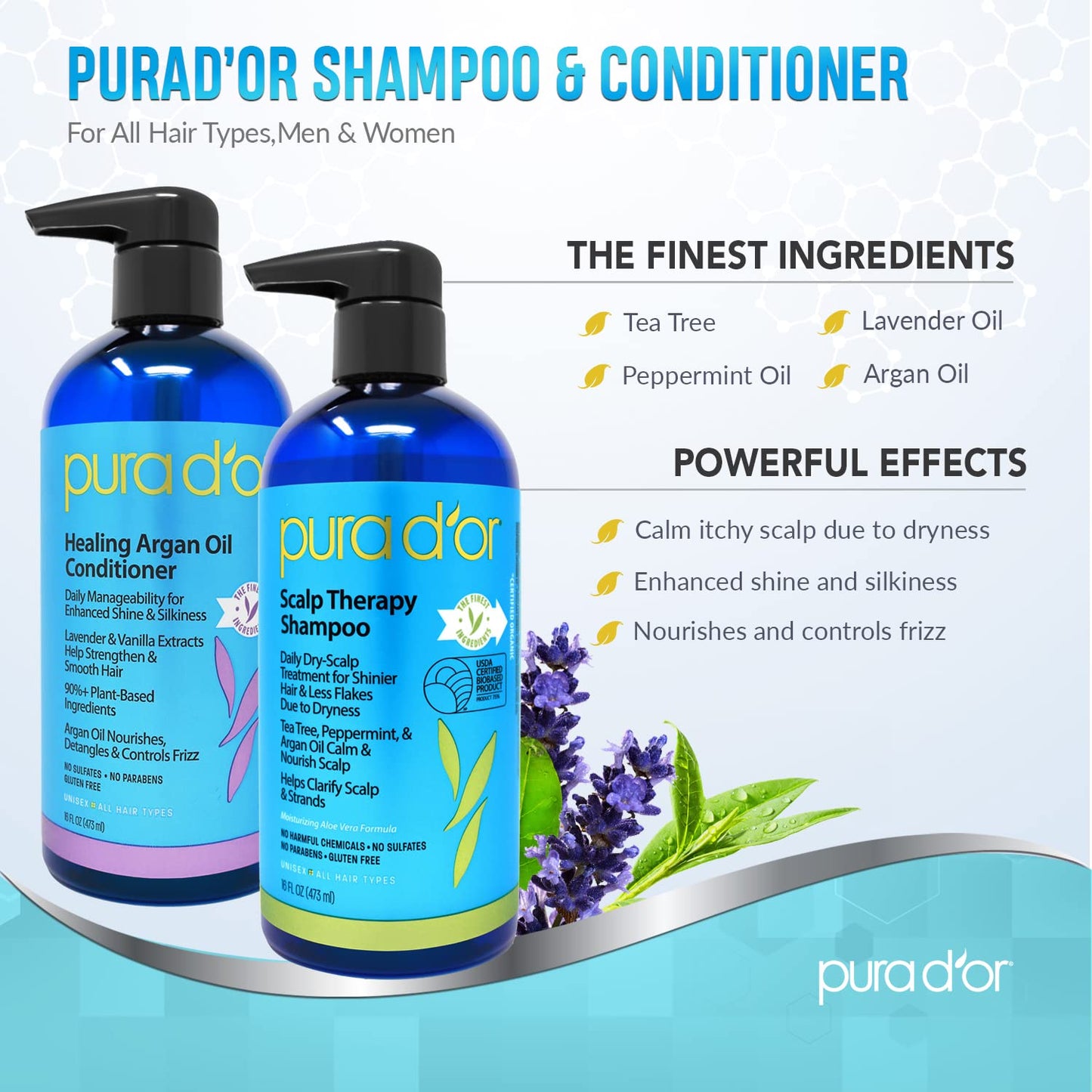 PURA D'OR Scalp Therapy Shampoo & Healing Conditioner Set For Dry & Nourishes Hair with Tea Tree & Scalp Therapy Energizing Scalp Serum Revitalizer with Argan Oil, Catalase & DHT Blockers