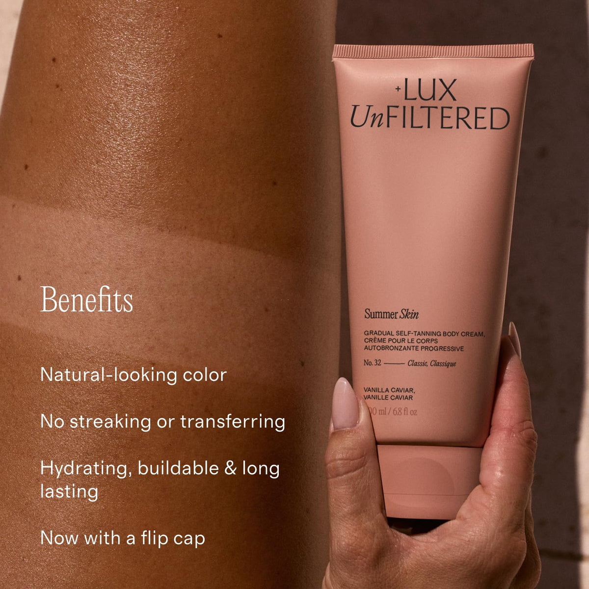 + Lux Unfiltered N°32 Summer Skin Classic Gradual Self Tanner, Hydrating Self Tanning Lotion - Shea Butter & Squalane - Non-Sticky, No Transfer, Natural-Looking - Vegan Sunless Tanner - Vanilla Caviar