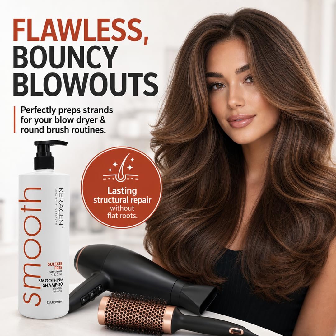 KERAGEN Smoothing Keratin Shampoo - Sulfate-Free, Paraben-Free Cleanser for Color-Treated Hair | 32 oz | Frizz Control & Cuticle Repair