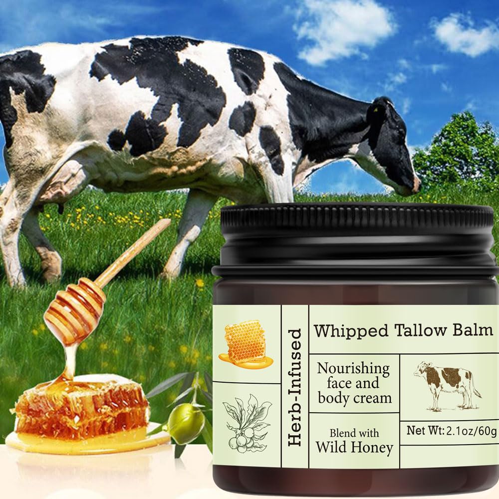 URQT Beef Tallow for Skin - Organic Grass-Fed Whipped Beef Tallow and Honey Balm - Deeply Moisturizing for Face & Body - Natural Skin Care for Soft, Supple Skin