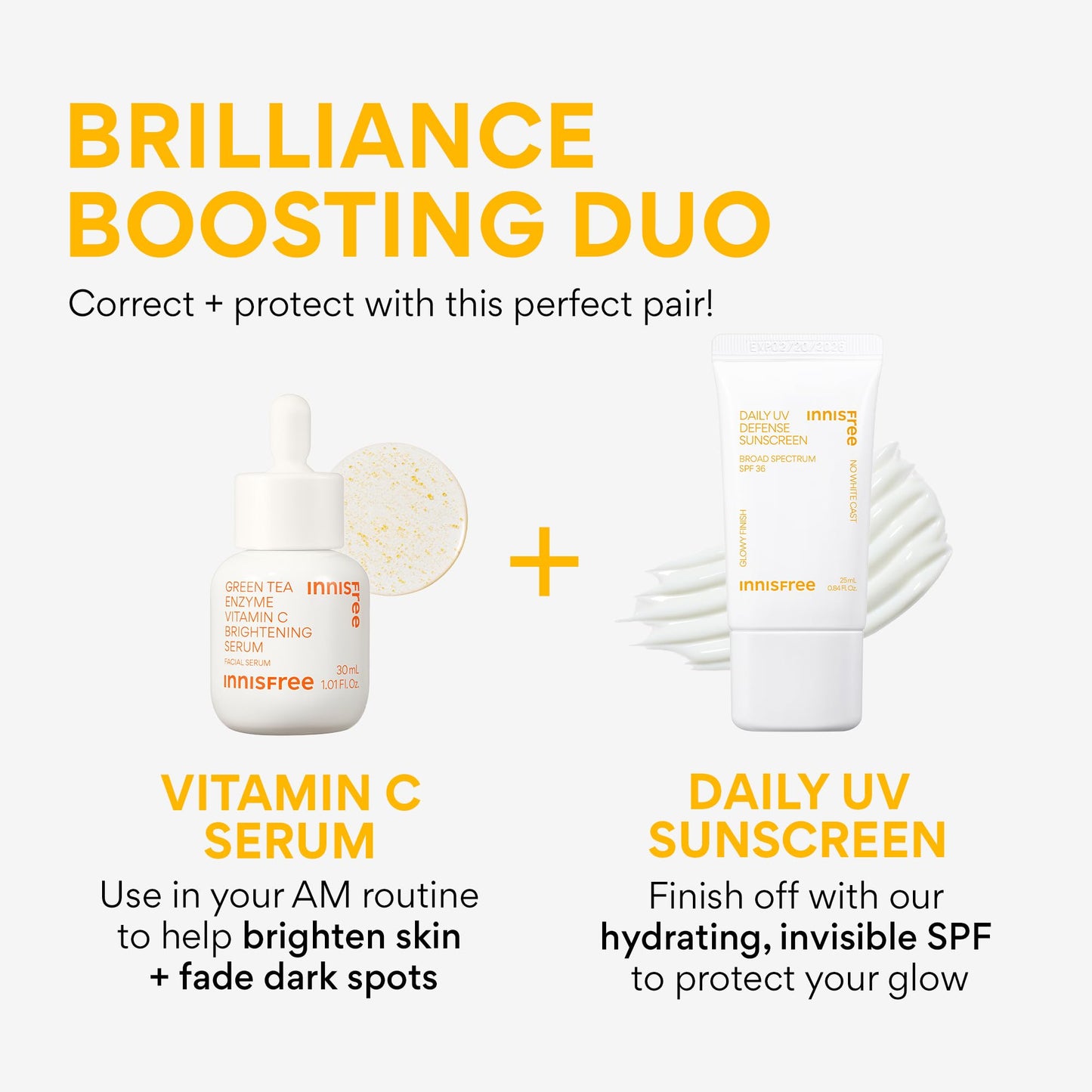 Innisfree Brighten + Protect Set | Korean Skincare Set with Lightweight Broad Spectrum SPF 36 and Brightening Vitamin C Serum for Glow and Dark Spots