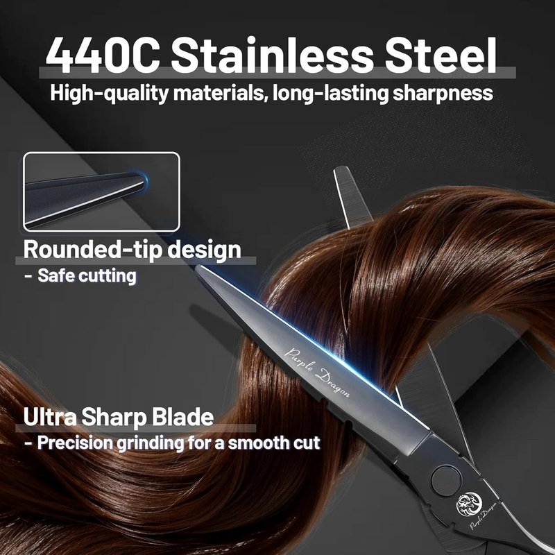 Purple Dragon Hair Cutting Shears Set - Professional 440C Barber Thinning Scissors | Black, 6 Inch