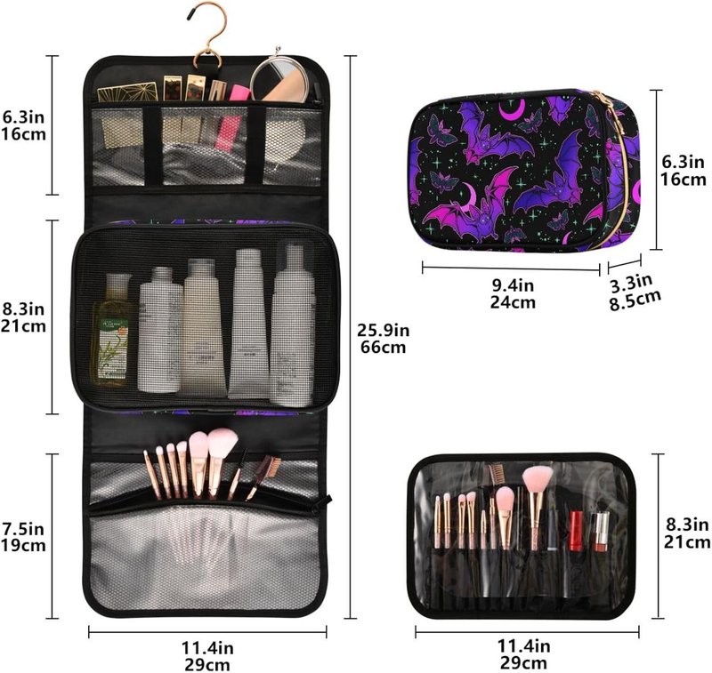 Gothic Purple Bat Toiletry Bag Set - 3 PCS Hanging Makeup & Travel Organizer