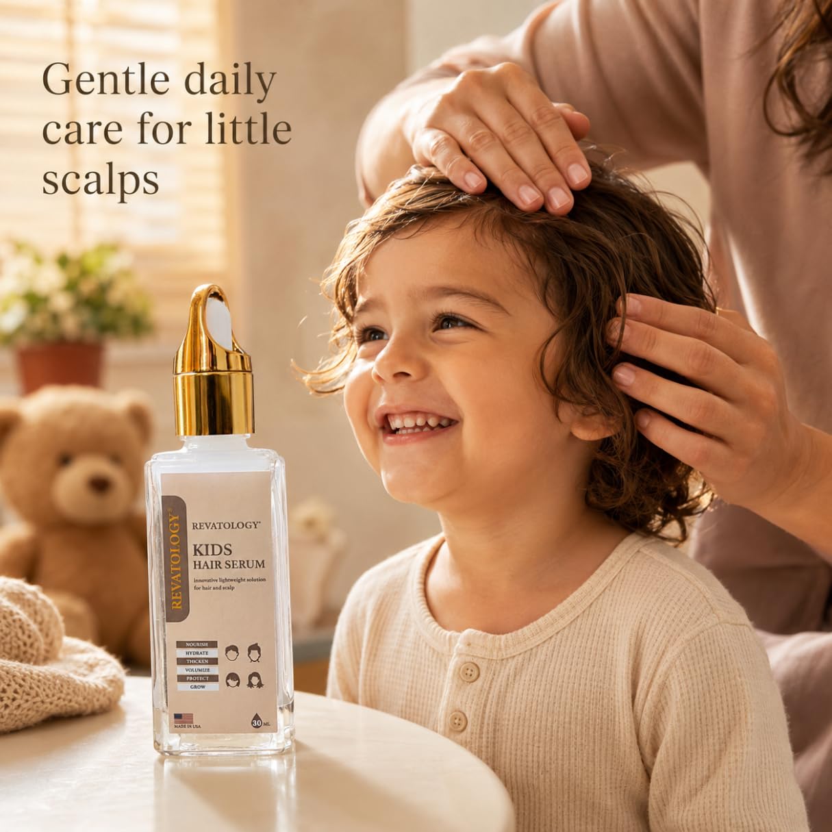 Revatology Kids & Baby Hair Growth & Scalp Serum Gel, Morning-Time, Toddlers & Babies, Rosemary, Castor & Amla, Lightweight Botanical Blend, Soothes Dry Scalp & Frizz, Curly Hair, 1 Fl Oz, Made in USA
