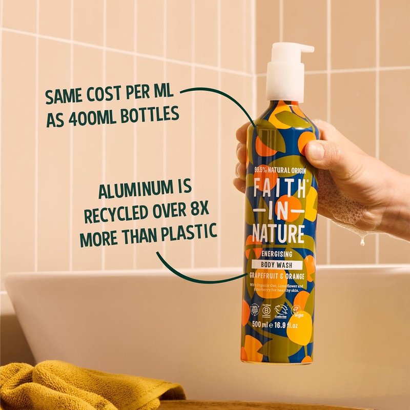 Natural Aluminium Bottle Body Wash - Vegan & Cruelty-Free, No SLS or Parabens | 16.9 fl oz, Grapefruit & Orange