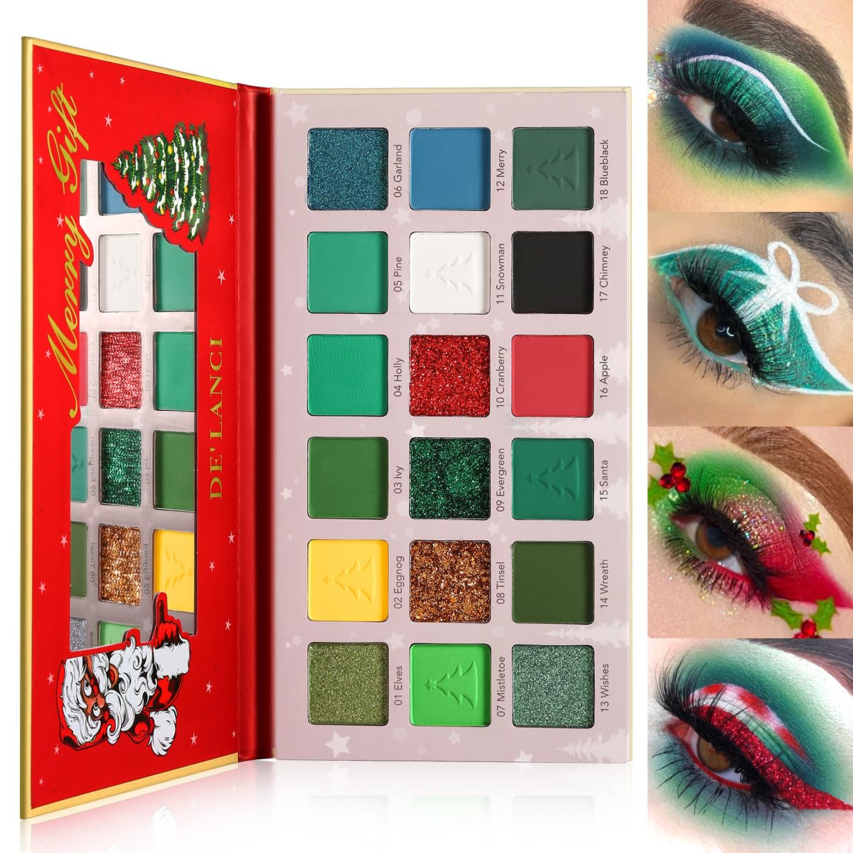 Green Red Eyeshadow Palette, Pigmented Matte Shimmer Christmas Makeup Pallet for Grinch, Shrek Makeup, 18 Colors Long Last Emerald Green Glitter Eye Shadow Palette for Festival, Party, Themed Make up