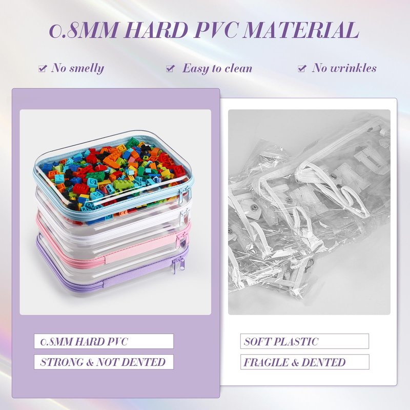 Hoolerry 4 Pcs Hard Clear Zipper Case Makeup Bags Plastic Zipper Pouch Transparent Storage Box Containers for Cosmetics, Snacks, Building Blocks, Puzzles(Clear,9.8 x 7.9 x 2 in,Multicolor)
