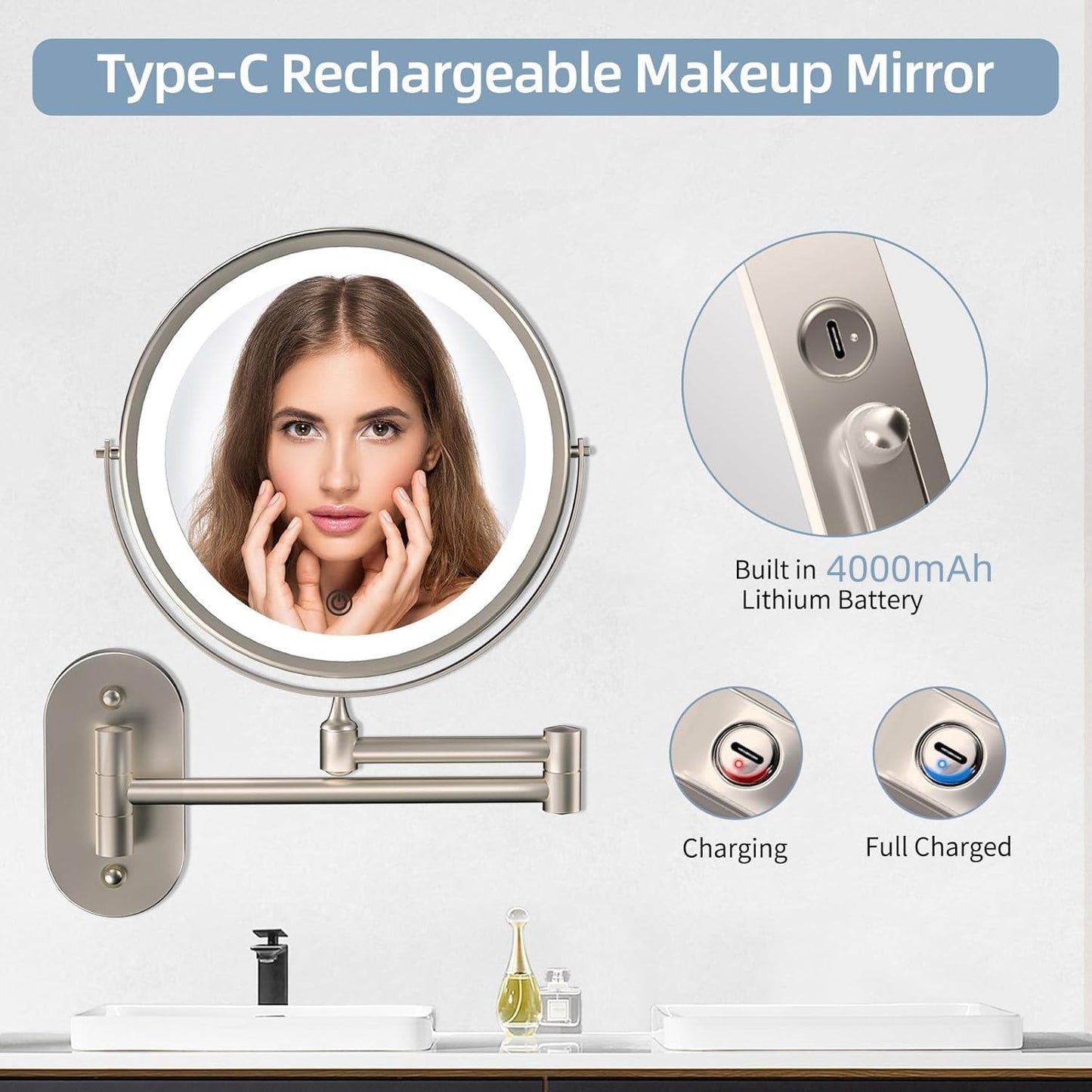 Wall Mounted Makeup Mirror with Lights - 8 Inch Rechargeable Vanity Mirror, 1X/20X Magnifying Dual-Sided, 3 Color Dimmable LED Lights, 4000mAh Battery, Brushed Nickel Finish for Bathroom & Bedroom