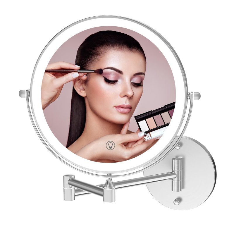 Fab Glass and Mirror Lighted Vanity Wall Mirror 1X/10X Magnifying, 8" Rechargeable 2000mAh Wall Mounted Makeup with 3 Color LED, Double-Sided Bathroom Touch Dimmable 360 Rotation Chrome