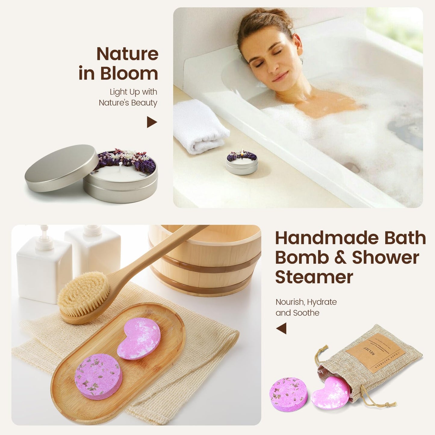 Bath Gift Set, Spa Gifts for Women, Self Care Products for Women, Lavender & Cream Soap Bar, Calm Pillow Mist, Bath Bomb & Shower Steamer, Body Butter and Lip Balm
