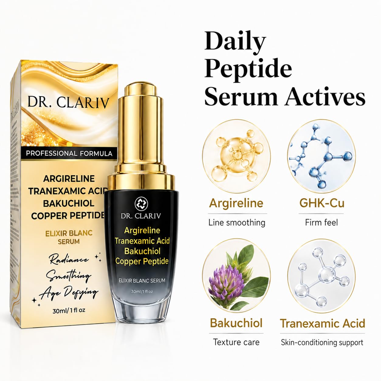 DR. CLARIV Argireline Peptide Serum with Tranexamic Acid, Bakuchiol & Copper Peptide, Daily Face Serum for Fine Lines, Firm Feel, Smooth Texture & Hydration, Lightweight Anti Aging Serum, 1 Fl Oz