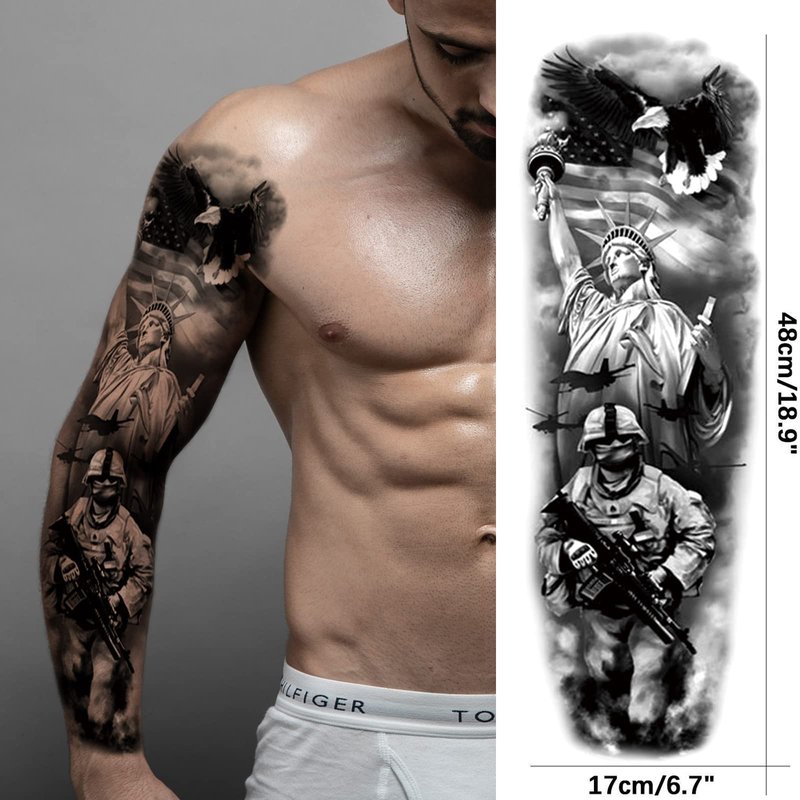Military Tempoary Tattoo Sleeves For Men, Large Full Arm Warrior Soldier Patriotic Fake Tattoo Sleeves Adult Women, Waterproof Black Lion Gun Warrior Temp Tatoo Sticker Leg Body Art Makeup, 8-Sheet