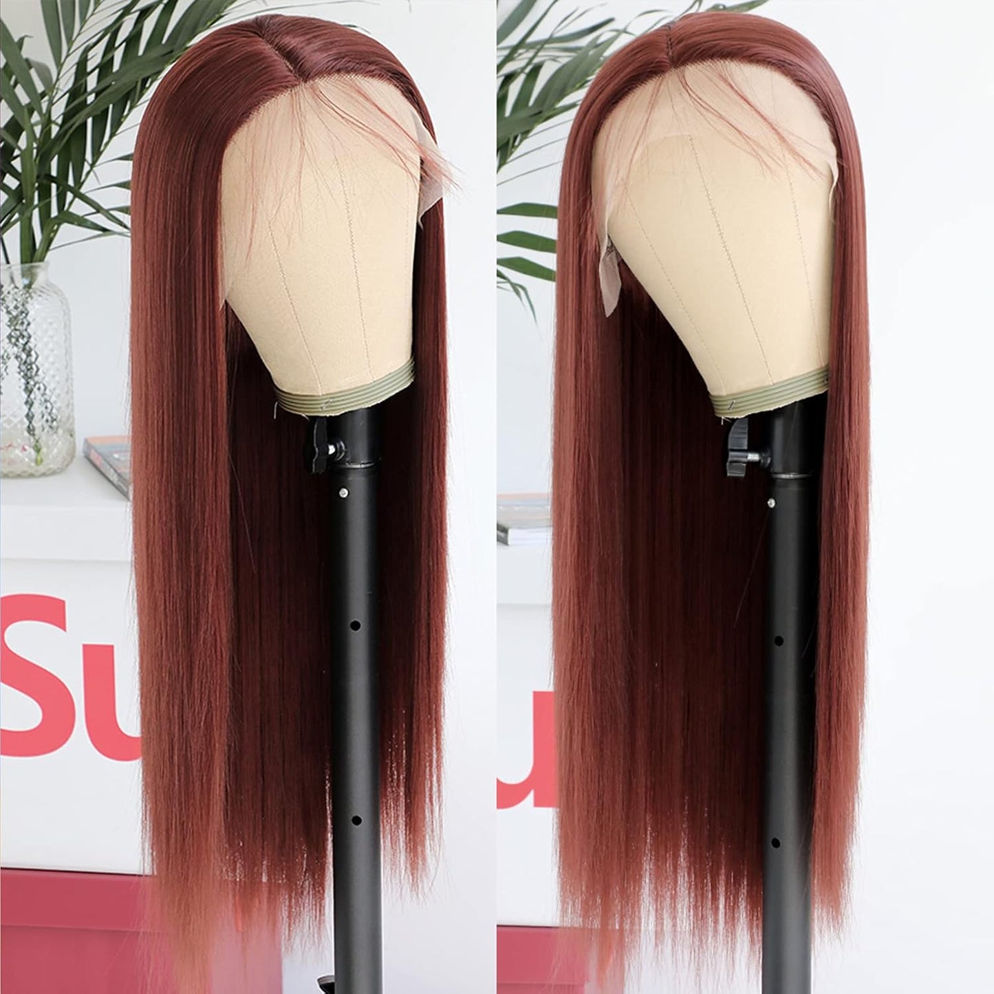 Glueless Synthetic Lace Front Wig - Long Straight Reddish Brown | Heat Resistant Hair Replacement for Women