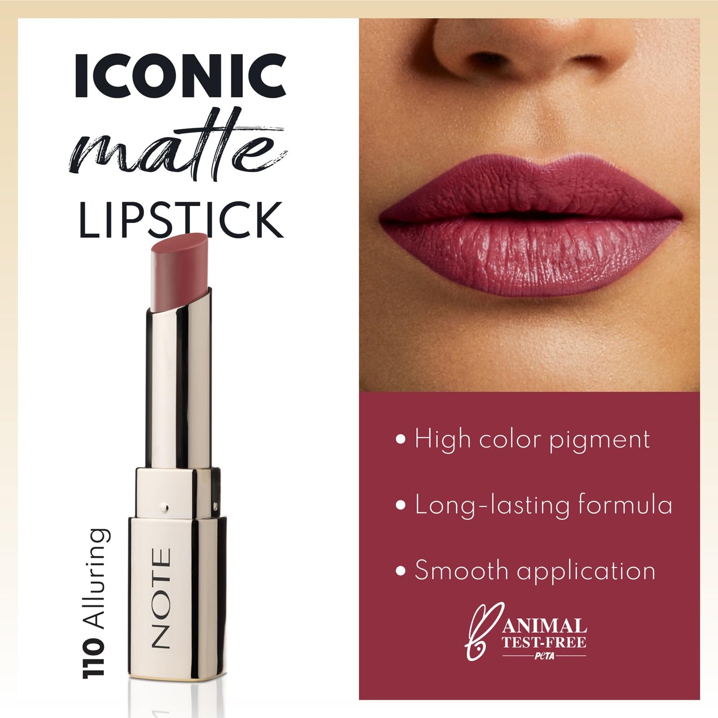 NOTE Cosmetique Iconic Matte Lipstick - Velvety Lipstick for Women - Non-Drying, Lightweight Lip Makeup - 110 Alluring - 0.11 oz