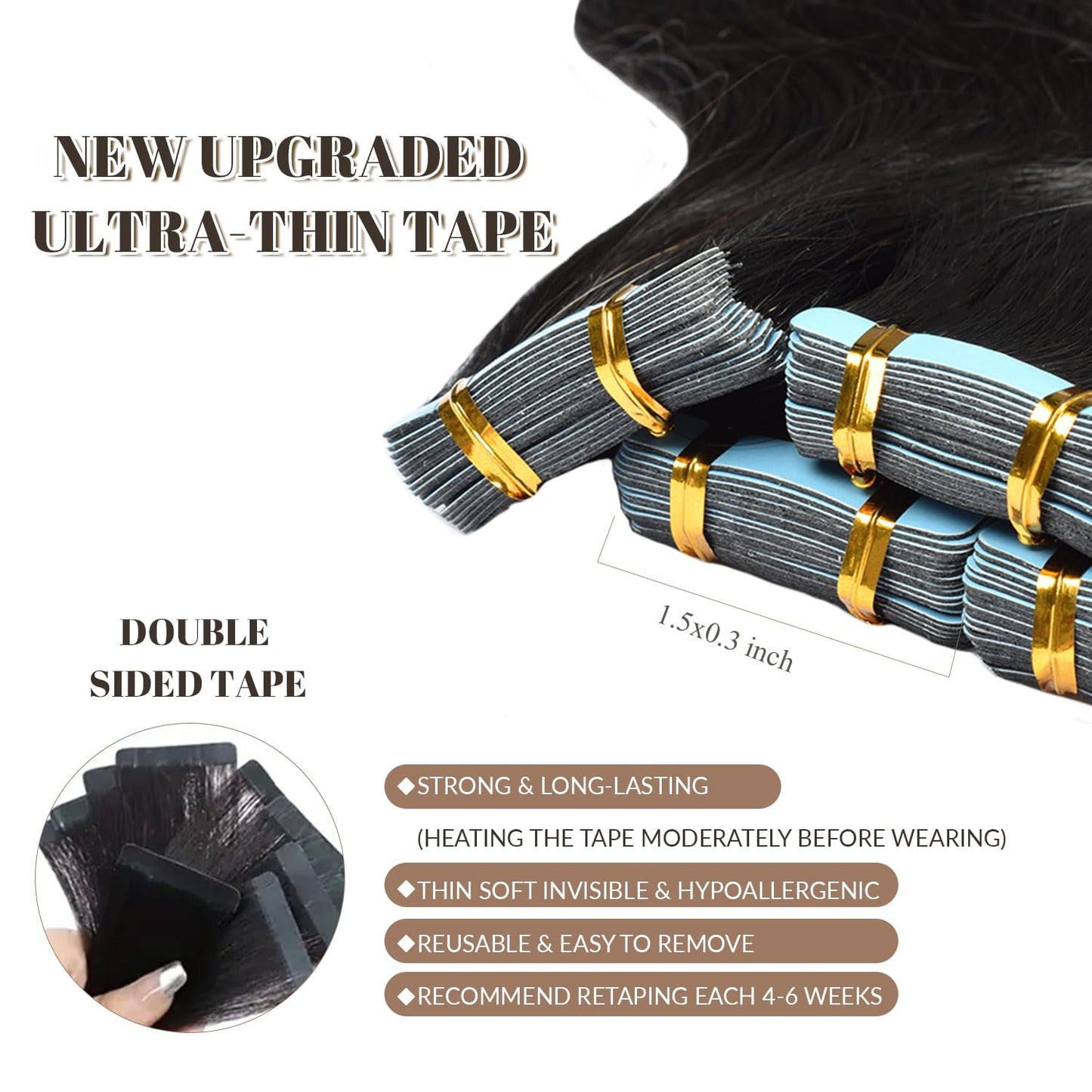 Body Wave Tape in Hair Extensions Human Hair, Body Wave Natural Black Hair Extensions Real Human Hair Tape ins for Black Women,100% Remy Human Hair 18 Inch 50g 20pcs Invisible Tape in Hair Extensions