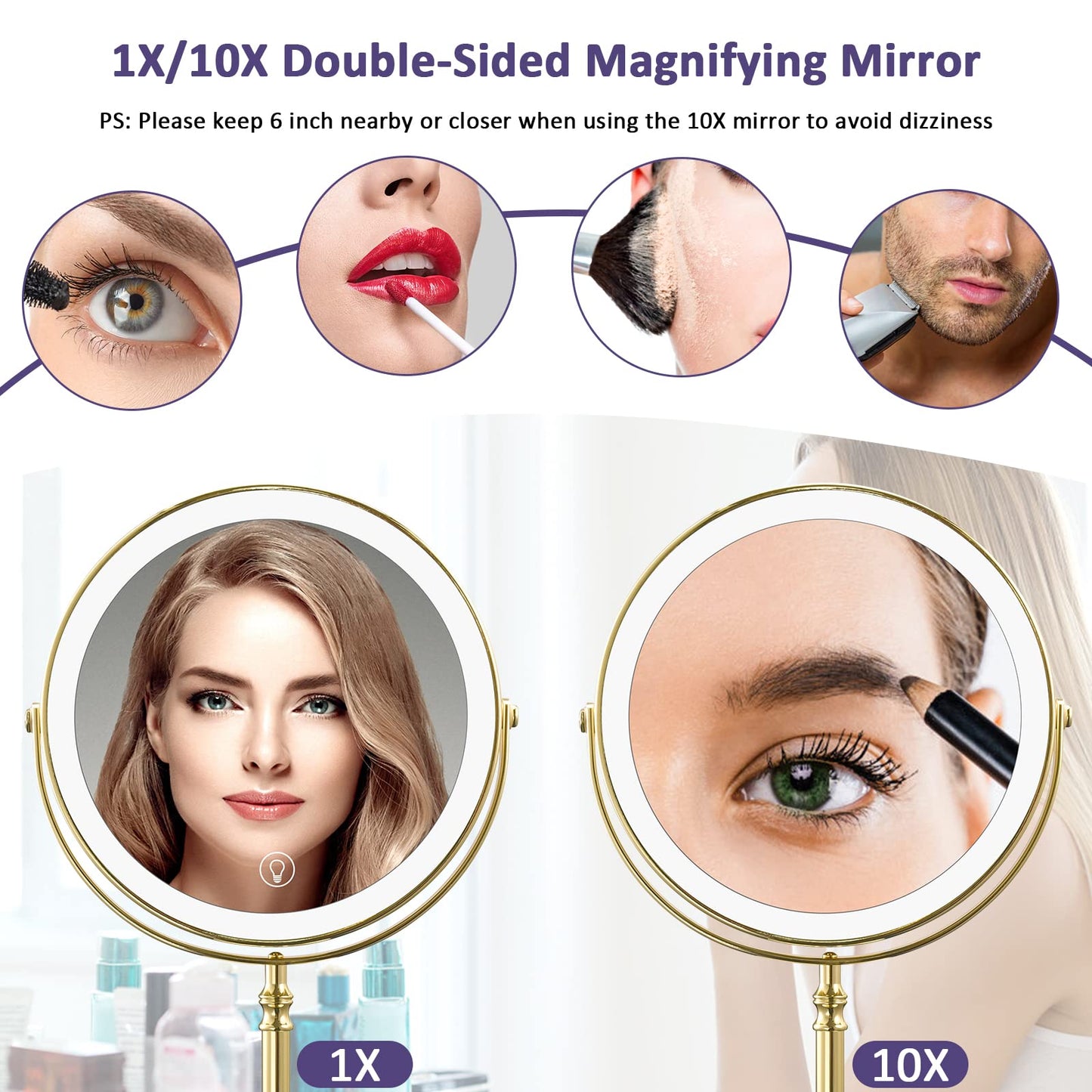 AMZTOLIFE Gold Makup Mirror with Lights, 10X Magnifying Lighted Vanity Mirror, 8 Inches 360 Swivel Two-Sided Tabletop Mirror Gold Finish