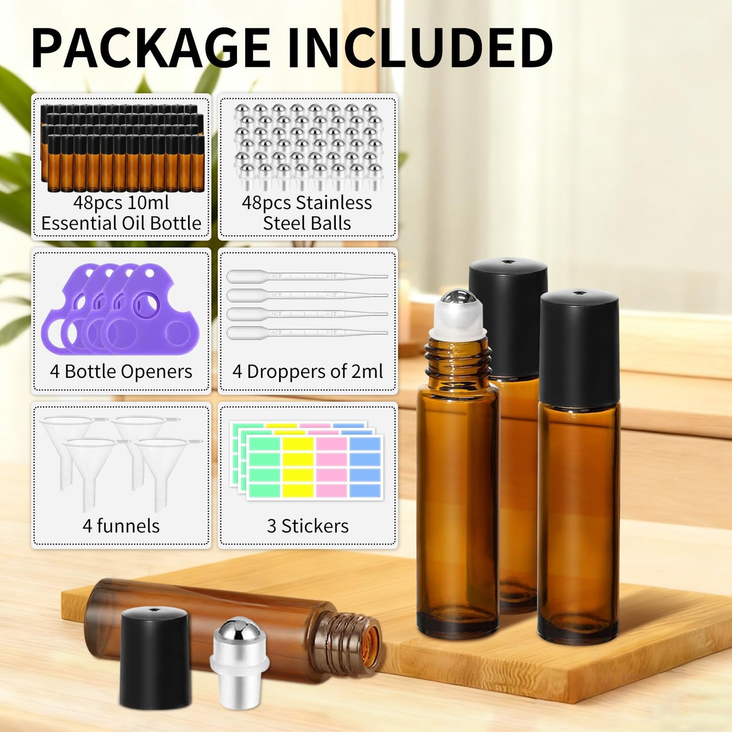 48 Pack 10ML Roller Bottles for Essential Oil, Empty Amber Glass Roller Bottle for Perfume Oil, Roll on Bottles with Stainless Steel Roller Balls, Opener, Funnel and Dropper for Aromatherapy, Massage