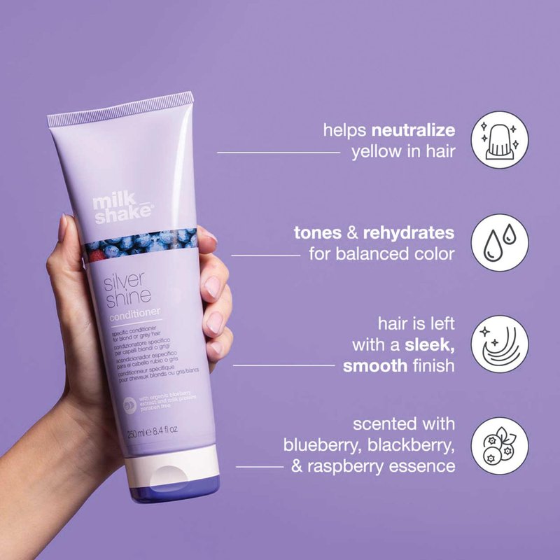 milk_shake silver shine conditioner | toning conditioner for white, grey or blonde hair | softens, hydrates, and refreshes tone with purple pigment andmilk proteins, 8.4 fl oz
