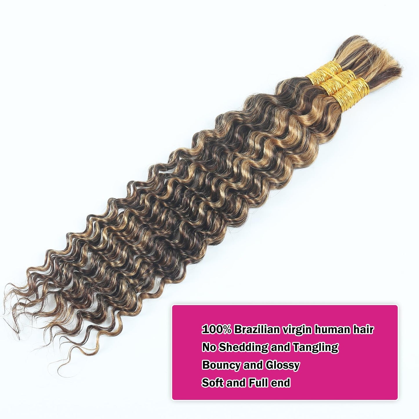 Highlight Human Braiding Hair for Boho Braids 110g Deep Water Wave Bulk Human Hair for Braiding Knotless 12A Curly Bulk Bohemian 3 Bundles P/430 Unprocessed Brazilian Ombre Extensions 18 Inch