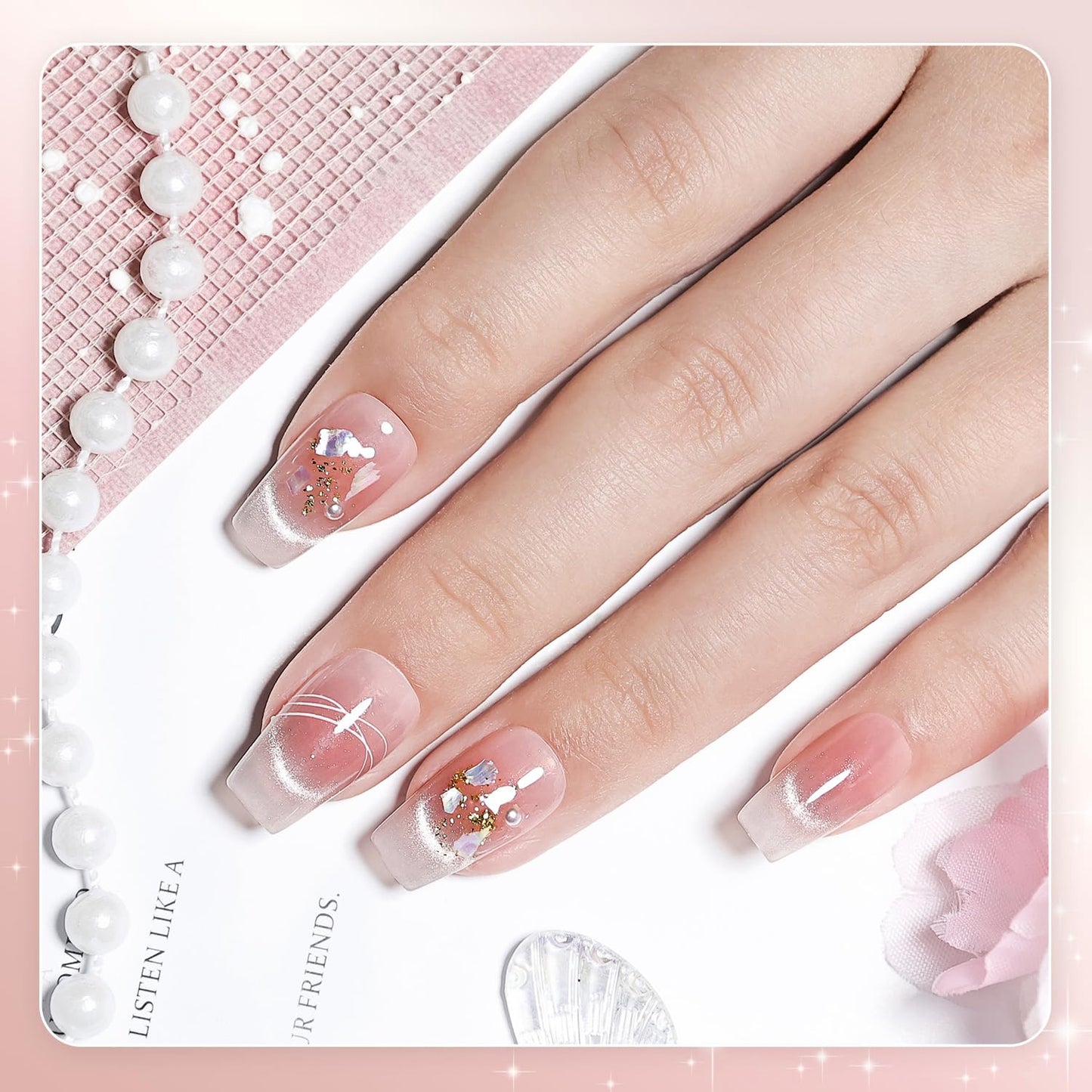 JODSONE Pink Square Press on Nails 3D Handmade Cat Eye Reuseable Fake Nail Tips Ready to Wear - Medium