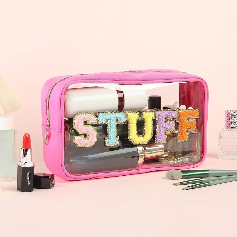 Chenille Letters Makeup Bag - Clear Glitter Cosmetic Bag for Travel | 8.66" x 5.31" x 3.15", Black