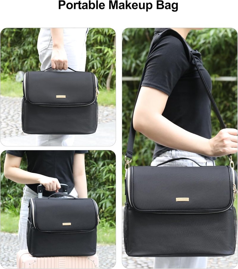 Makeup Carrying Train Case - Professional Makeup Organizer with Adjustable Dividers & Shoulder Strap | Black