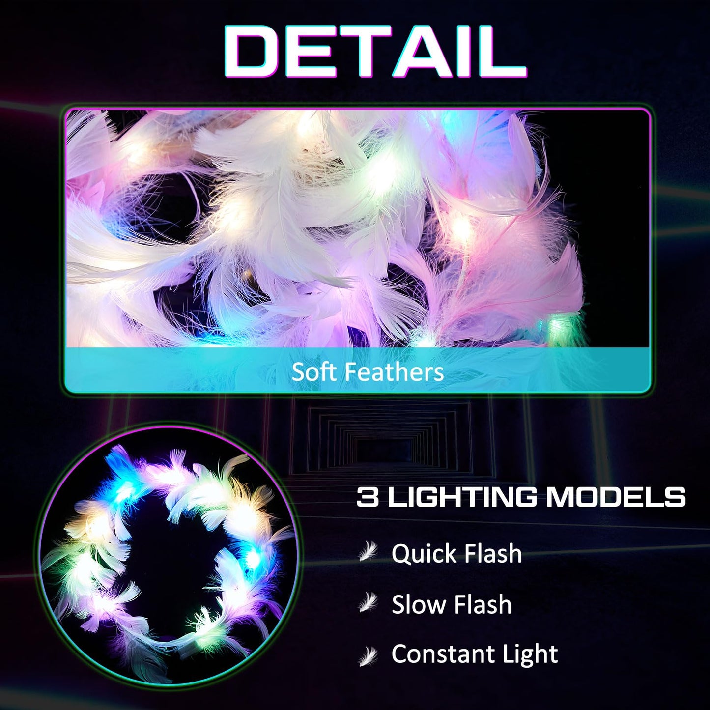 Taiyin 20 Pieces LED Feather Crown Headbands Light up Wreath Headband Flower Crowns for Women Glow in The Dark Headband for Wedding Reception Mardi Gras Cosplay Party Favors (Colorful)