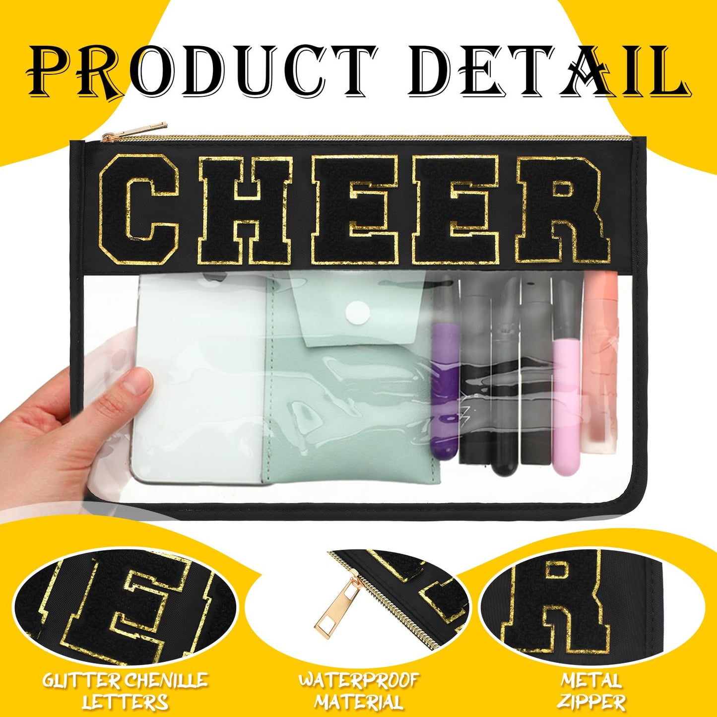 Abbylike 4 Pcs Cheer Makeup Bag Gift Set 11.8x8.2 Inches for Cheerleader Team Girls Clear Chenille Letter Cosmetic Bags Zipper Toiletry Makeup Pouch Bulk Women Travel Snack Bag(Black,Cheer)