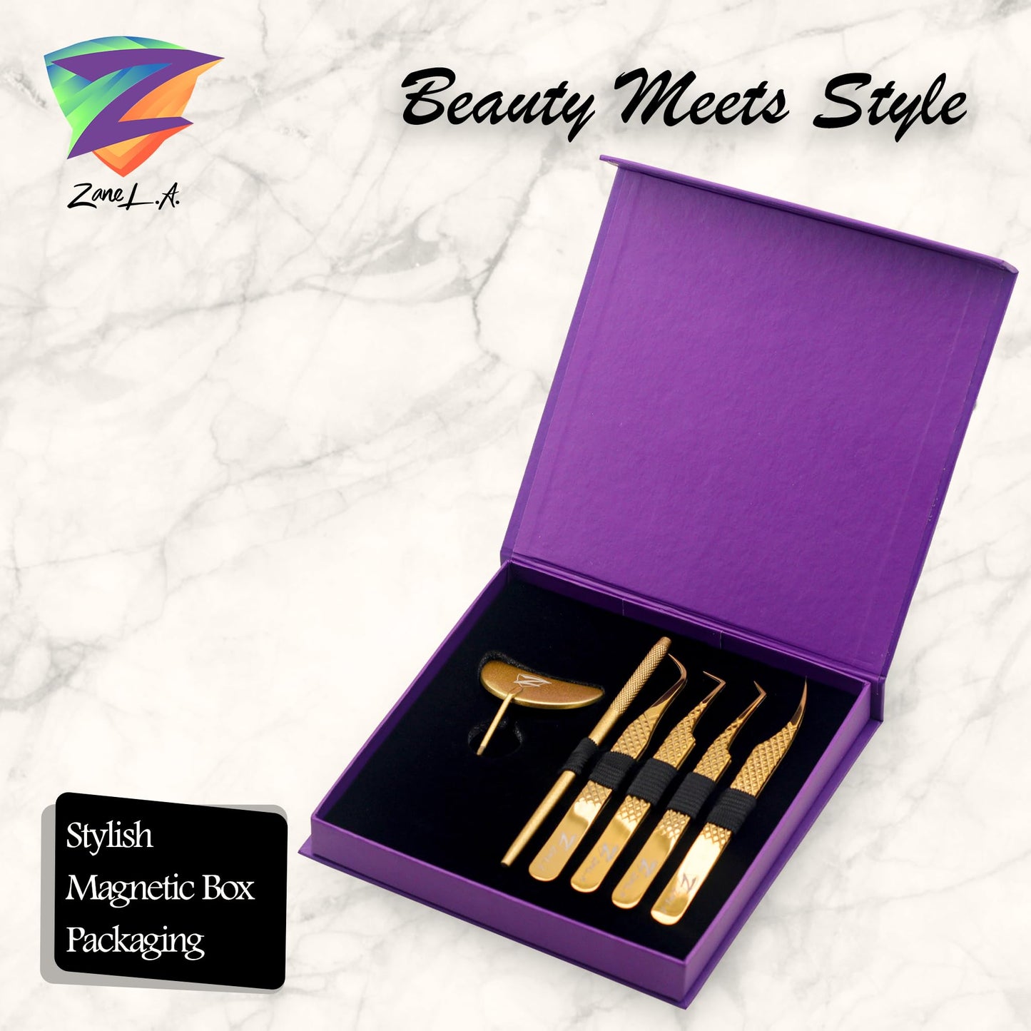Zane L.A. Nano Fiber Tip Professional Eyelash Extension Tweezers, a pack of 4, Quality tweezers made with Japanese Stainless Steel, includes Stylish Half Moon Mirror. (Gold)