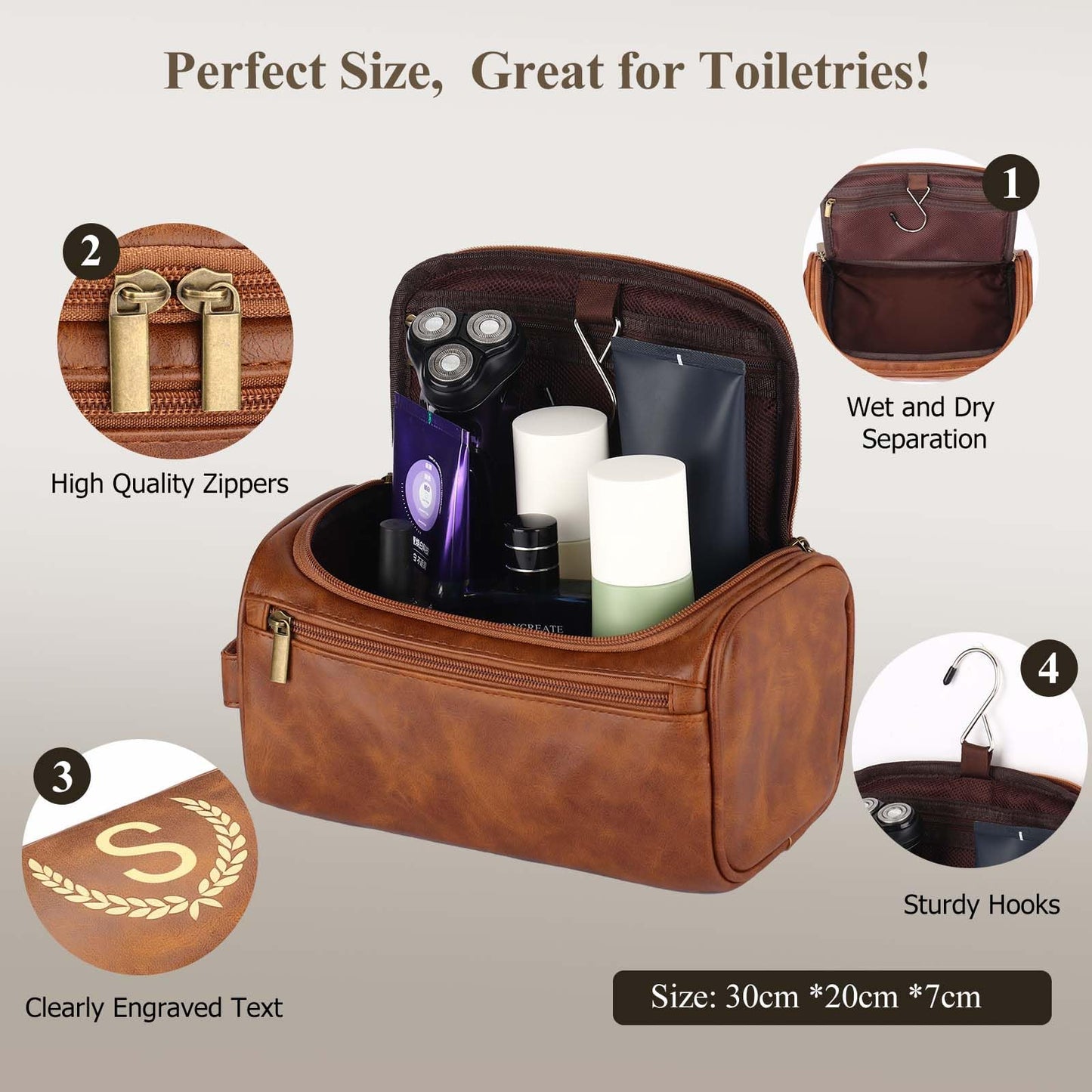 OXYEFEI Personalized Toiletry Bag for Men,Personalized Gifts for Men,Engraved Initial PU Leather Mens Toiletry Travel Shaving Travel Essentials Toiletries Bag for Him Birthday (K, Light Brown)
