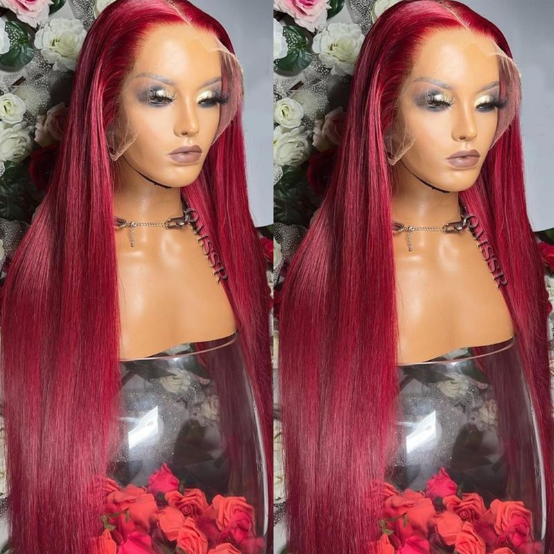 QMSSR Burgundy Red Lace Front Wig Long Straight Synthetic Lace Front Wigs for Women Glueless 13x3 Lace Heat Resistant Fiber Hair Wig Natural Hairline Baby Hair