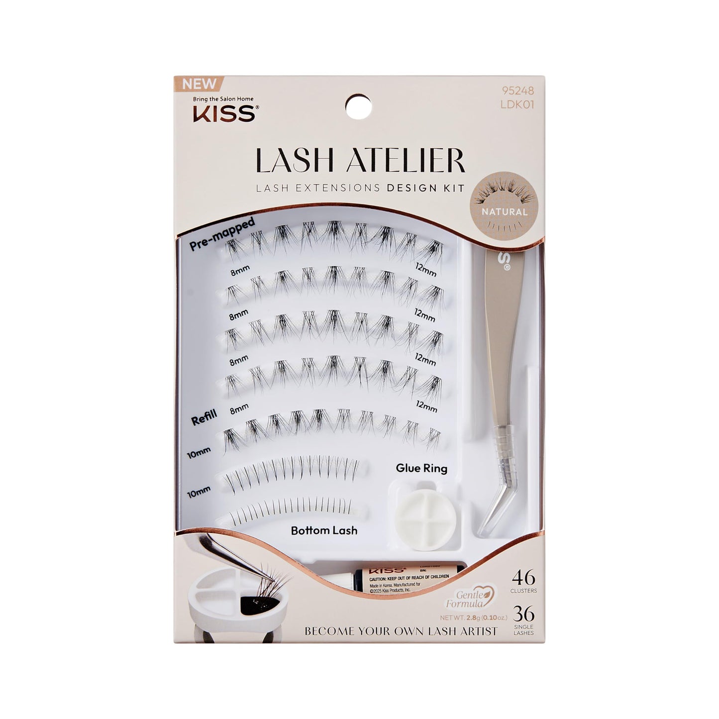 Kiss Lash Atelier Professional Lash Extension Kit, ‘Natural’, Pre-Mapped False Eyelashes, 46 Lash Clusters & 36 Individual Lashes, Last For Up To 7 Days, Glue Ring, Applicator