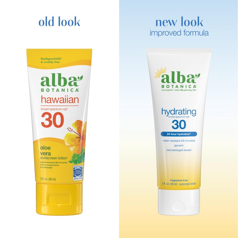 Alba Botanica Hydrating Sunscreen Lotion, SPF 30 Broad Spectrum Protection, 24 Hour Hydration, Water Resistant (40 minutes), Fragrance Free, Oxybenzone-Free, 3 Fl. Oz